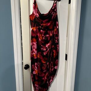 Red and Black Midi Ruched Sundress with Cowl Neck for Cocktail